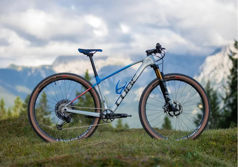 Cube mountain bike in front of mountains