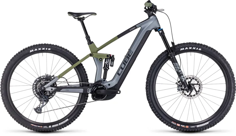 Cube Stereo 140 HPC TM 750 eMTB in Flash Grey And Olive Large