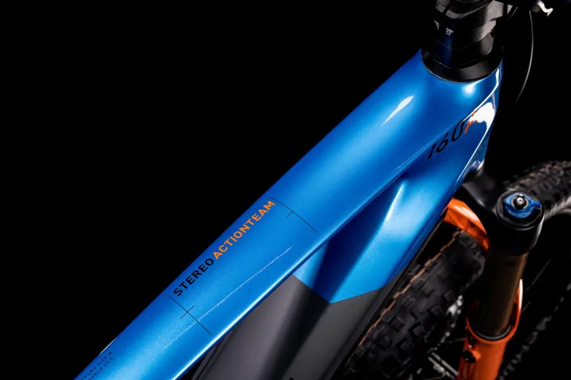 Cube Stereo Hybrid 160 HPC 27.5 eMTB in Blue Grey and Orange-1